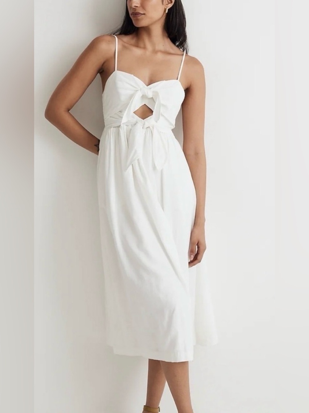 Madewell Double-Tie Cutout Sweetheart Midi Dress eyelet white